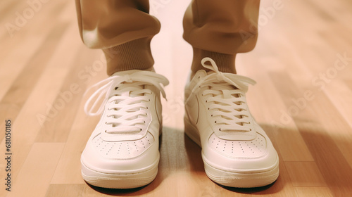 Gros plan sur les pieds d'une personne portant des baskets, des tennis blanches. Environnement, sport, chaussure, mode. Pour conception et création graphique. photo