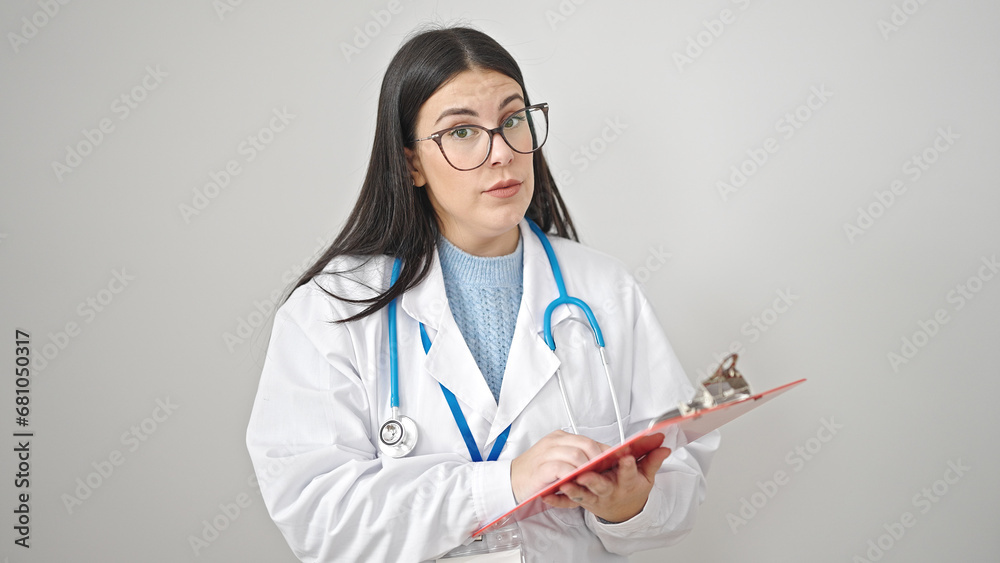 Young hispanic woman doctor reading clipboard over isolated white background Young hispanic woman doctor reading clipboard over isolated white background