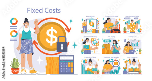 Economies of scale set. Company scale of operation, amount of output produced per unit of time. Mass production efficiency. Flat vector illustration