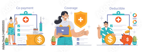 Healthcare insurance explained through engaging visuals of co-payment, coverage, and deductible themes, featuring characters interacting with financial elements. Flat vector illustration photo