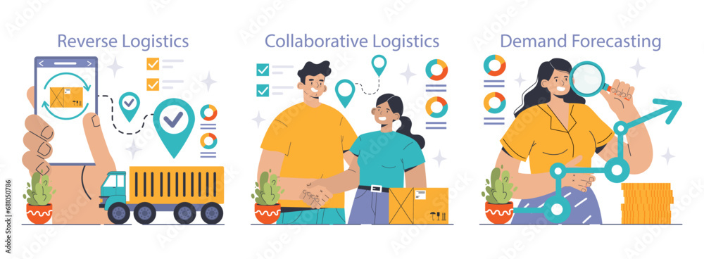 Logistics solutions set. Innovative strategies in reverse logistics, team collaboration for supply chain efficiency, and advanced demand forecasting. Streamlining business operations. Flat vector Logistics solutions set. Innovative strategies in reverse logistics, team collaboration for supply chain efficiency, and advanced demand forecasting. Streamlining business operations. Flat vector