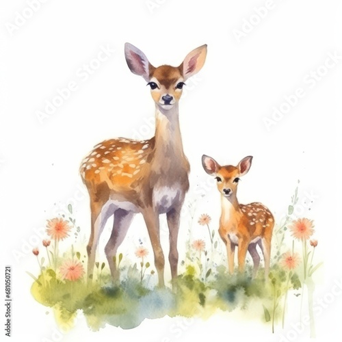 Watercolor illustration showcasing a family of deer in a garden adorned with colorful flowers. The adult deer and fawn are enjoying playful moments surrounded by vibrant blossoms. © Matthew