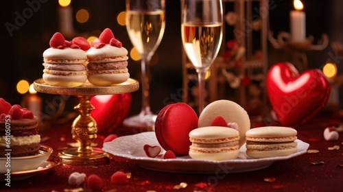  a table topped with a plate of macaroons next to a glass of champagne and a plate of heart shaped macaroons next to a plate of macaroons.