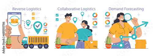 Logistics solutions set. Innovative strategies in reverse logistics, team collaboration for supply chain efficiency, and advanced demand forecasting. Streamlining business operations. Flat vector © inspiring.team
