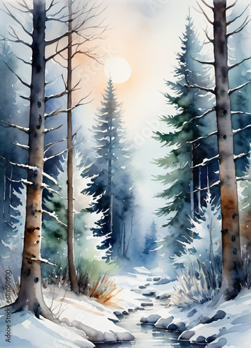 Watercolor Winter forest landscape illustration