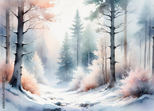 Watercolor Winter forest landscape illustration