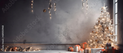Loft apartment  room decorated Christmas tree  gift boxes  light  candles on concrete textured place. Modern interior mock up for holidays. Gorgeous New Year background. Generative ai.