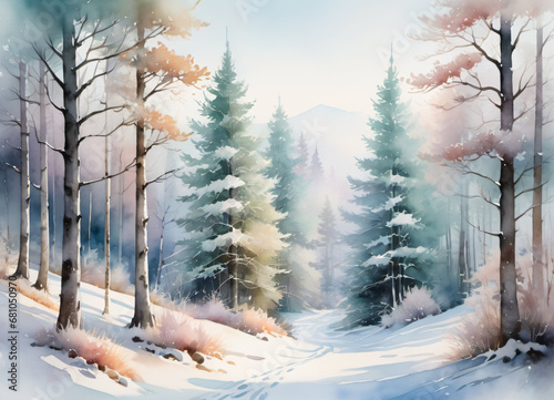 Watercolor Winter forest landscape illustration