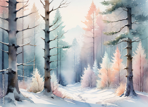 Watercolor Winter forest landscape illustration