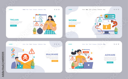 Cybersecurity web or landing set. Protecting data from threats. Users confronting malware types: virus, ransomware, spyware. Adware dangers, botnet traps, worm intrusions. Flat vector illustration