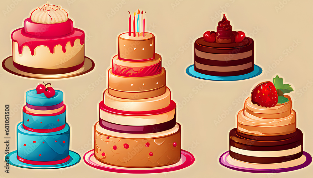 Sweet Temptations: A Delectable Set of Cakes Icons on a Solid Background