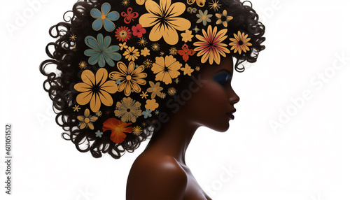 Afro African American woman with flowers in hair. Abstract woman portrait. American black skin girl with flower. Fashion illustration. Trendy modern minimalist design for wall art, postcards,  © annebel146