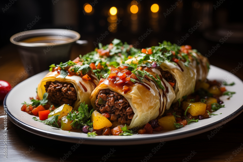 Giros sabrosos, rollos de carne suculentos creando un festín visual en una imagen de archivo