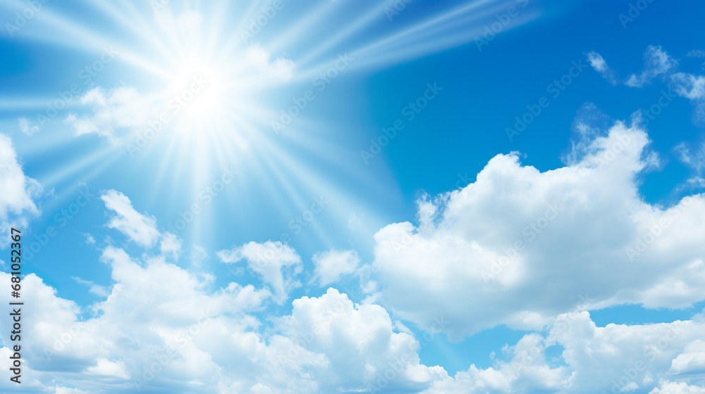 Blue sky with clouds. Anime style background with shining sun and white fluffy clouds. Sunny day sky scene cartoon vector illustration. bright weather, summer season outdoor Blue sky with clouds. Anime style background with shining sun and white fluffy clouds. Sunny day sky scene cartoon vector illustration. bright weather, summer season outdoor