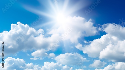 Blue sky with clouds. Anime style background with shining sun and white fluffy clouds. Sunny day sky scene cartoon vector illustration. bright weather, summer season outdoor