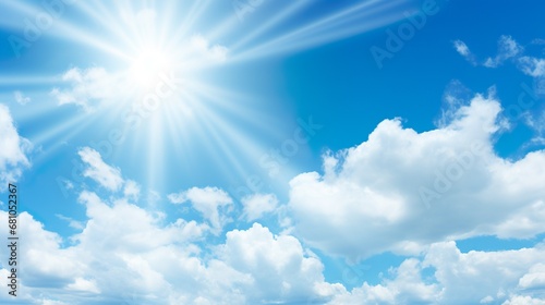 Blue sky with clouds. Anime style background with shining sun and white fluffy clouds. Sunny day sky scene cartoon vector illustration. bright weather  summer season outdoor