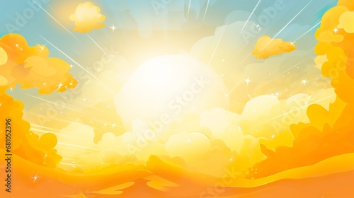 Blue sky with clouds. Anime style background with shining sun and white fluffy clouds. Sunny day sky scene cartoon vector illustration. bright weather, summer season outdoor