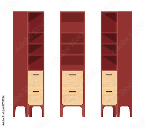 Tall cabinet set, narrow brown bookshelf display. Freestanding room, bathroom organizer slim shelf storage. Vector flat style cartoon home, office furniture objects isolated on white background