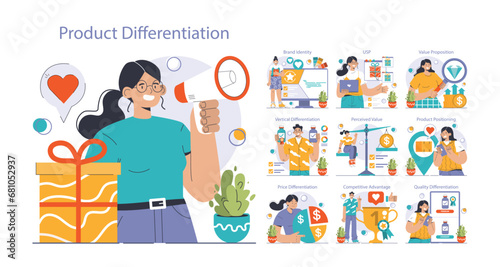 Product differentiation set. Product competitive advantages. Price and quality Brand recognition and market niche definition. Flat vector illustration