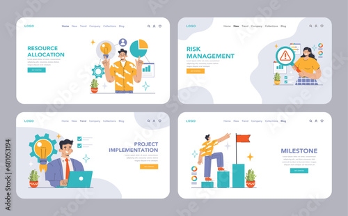 Project Management set. Detailed stages of execution from scope to milestone achievement. Efficient team, budget control, timelines, and quality checks. Flat vector illustration