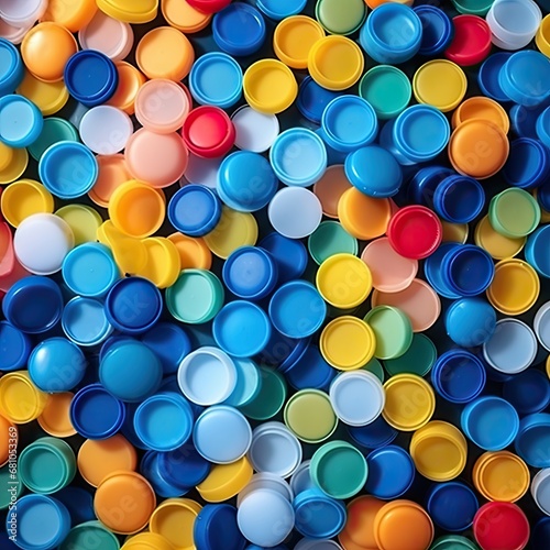 Plastic Bottle Caps Pile. Recycling HDPE Material Group, Circle Polyethylene Lid Set, Colorful Caps Group