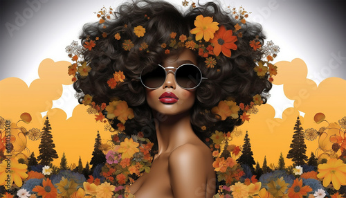 Afro African American woman with flowers in hair. Abstract woman portrait. American black skin girl with flower. Fashion illustration. Trendy modern minimalist design for wall art, postcards, 
