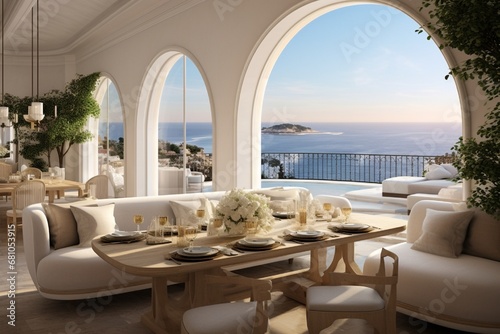 A contemporary Mediterranean dining area with a high arched ceiling and floor-to-ceiling windows that offer panoramic views of the coastline. The room is furnished with elegant, © Danish