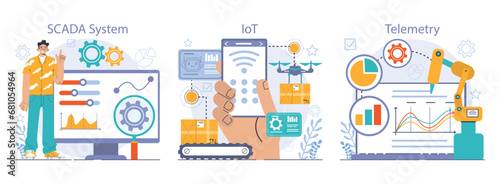 Robotic manufacture set. Automated systems or AI working for manufacturing process. Industrial robots development. Business integration with automated technology. Flat vector illustration
