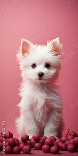 A cute white dog is standing on a pink background. AI generative