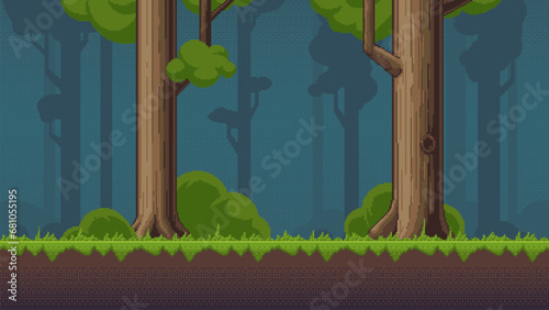 Pixel art background with forest for video games and mobile applications. Vector 8-bit retro style illustration. Seamless when docking horizontally.