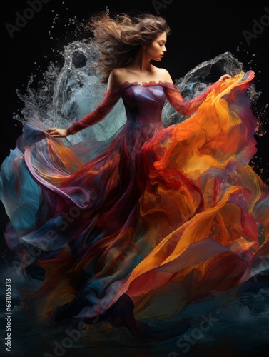 A Woman Floating Under the Water in a Vibrant, Multicoloured Flowing Dress. Young woman floating gracefully under water in a colourful flowing dress. © AI Visual Vault