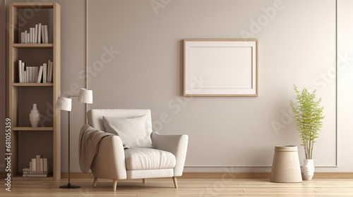 An elegant white frame on a neutral wall in a cozy living room  featuring a small bookshelf and a comfortable reading chair.