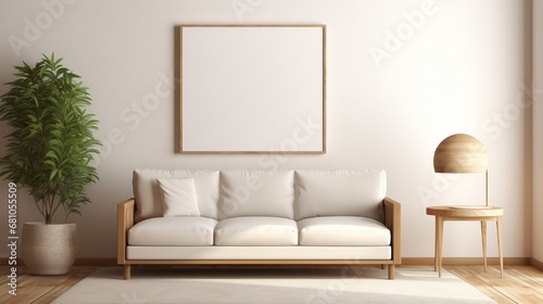 An empty white frame on a wall in a cozy living room with a beige couch  a fluffy rug  and a wooden side table.