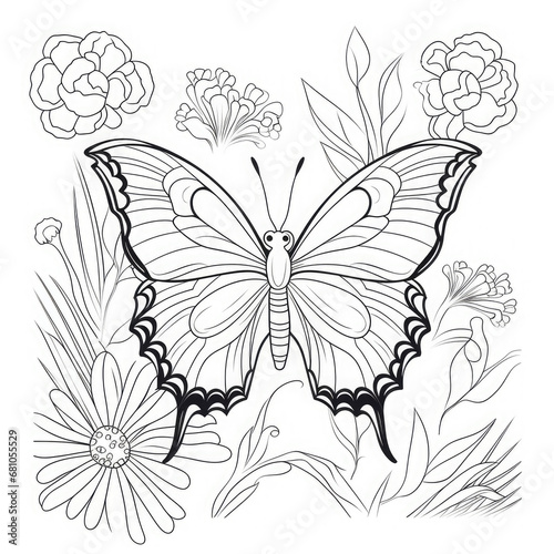 Colouring page for kids, a vibrant butterfly fluttering among colourful flowers