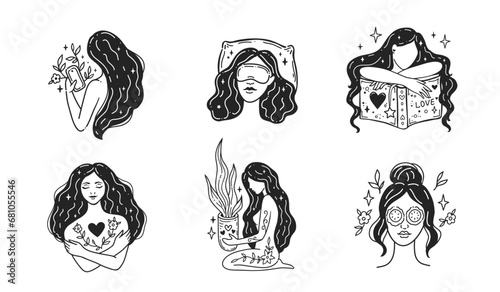 Set Self care, love yourself, mindful. Feminine vector Illustrations. Mental Healthcare. Meditation and relaxation for health. Doodle cute style