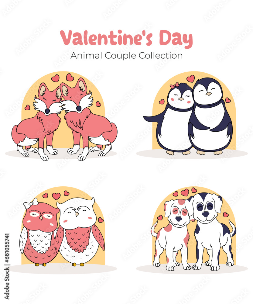 Valentine's Day Animal Couple Collection Of Dog Penguin Owl And Fox