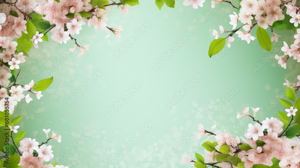 Spring background with blooming tree branches and green leaves on green background with copy space