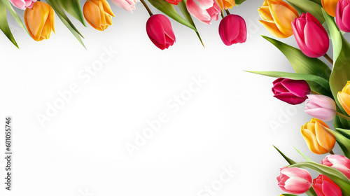 Bouquet of tulips on white background with copy space