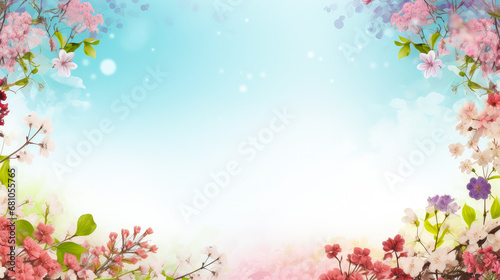 Spring background with blooming tree branches and green leaves on blue background with copy space
