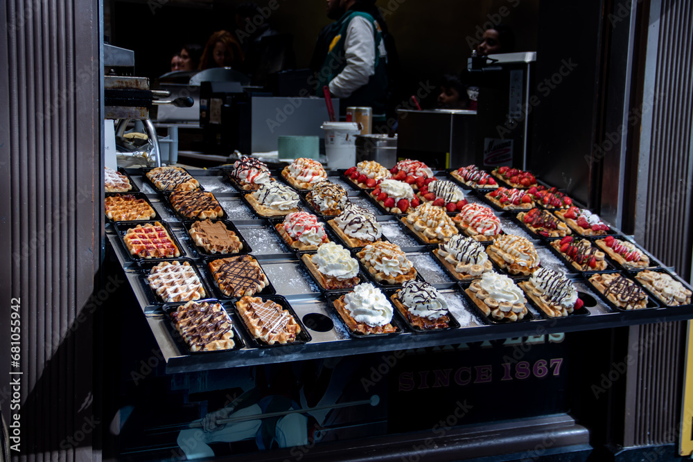 Waffles and Waffle, typical pastries of Brussels Belgium, sold in many shops in capitol of Europe