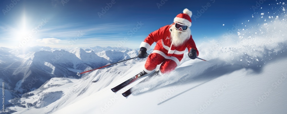 Santa Claus is skiing for fast delivery christmas presents, panorama. Generative Ai.