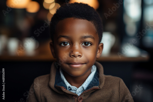 Generative AI portrait of young boy sitting modern interior cafe drinking baby beverage