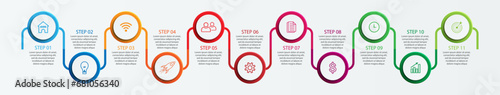 Simple infographic 11 sections or options, simple design with colored circles and lines. icons, text and numbers, for presentations, flow diagrams and your business