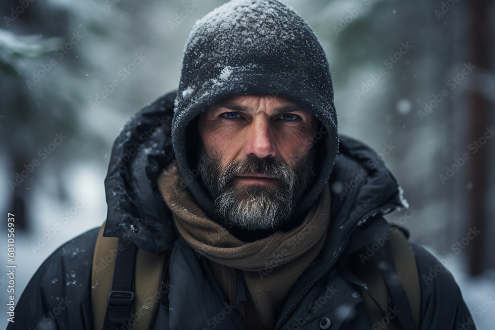 Bearded serious man guy photographing at scenic wonderful winter snowy forest Generative AI Bearded serious man guy photographing at scenic wonderful winter snowy forest Generative AI