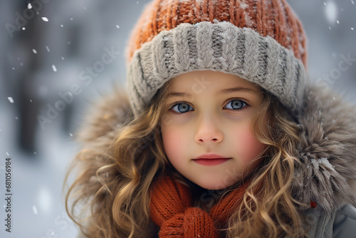 Adorable child posing against amazing winter view snowy park forest Generative AI