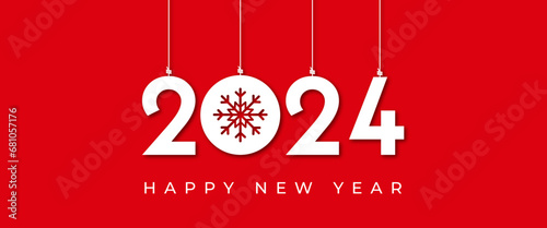 2024 happy new year banner with snowflakes hanging unique, modern, elegant design on red background. 2024 design with happy new year 2024, merry christmas concept for social media, cover design