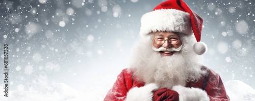 Santa Claus is holding adertisement banner with copy space, panorama. Generative Ai. © annamaria