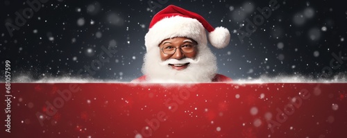 Afro Santa Claus is holding adertisement banner with copy space, christmas panorama. Generative Ai. © annamaria