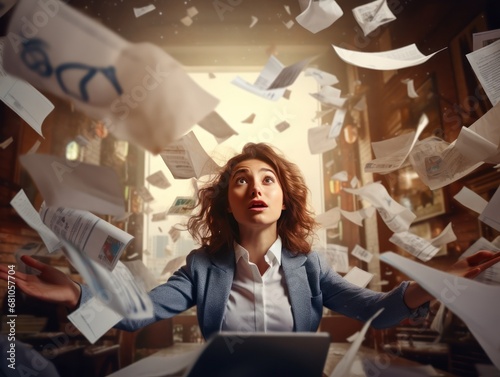 Exhausted and frustrated businesswoman overwhelmed by paperwork full of negative emotions photo