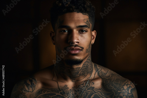 Brutal appearance man all body covered with tattoo dangerous type Generative IA picture portrait photo